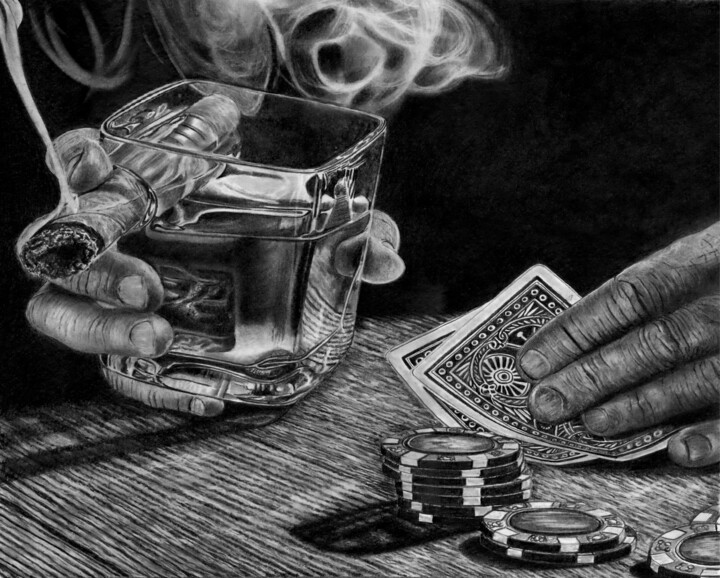 Drawing titled "Whisky and Poker" by Paul Stowe, Original Artwork, Graphite