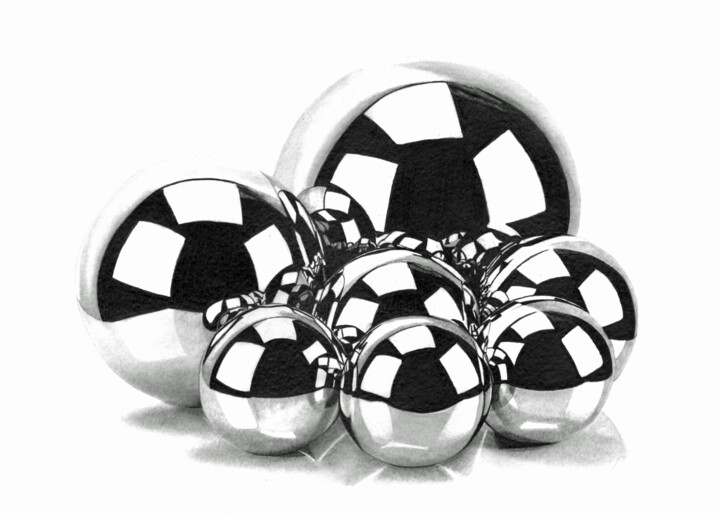 Tekening getiteld "Shiny Chrome Balls…" door Paul Stowe, Origineel Kunstwerk, Grafiet