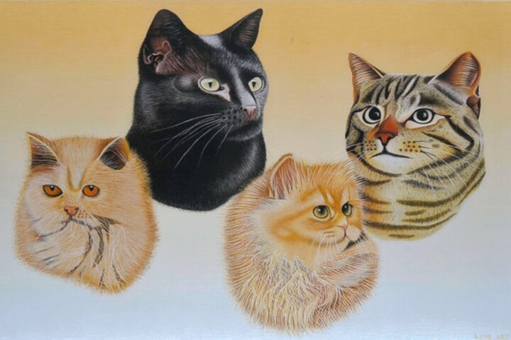 Painting titled "Four cats" by Paul Van Groningen, Original Artwork