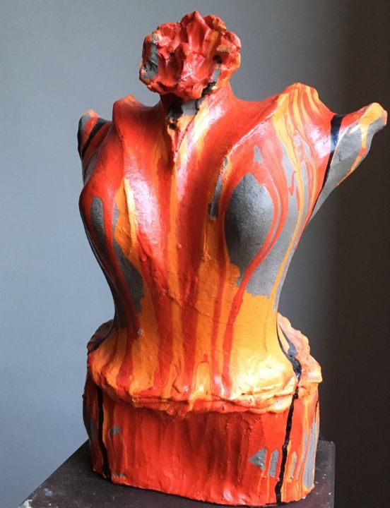 Sculpture titled "femme à la tête en…" by Paul Yves Poumay, Original Artwork, Terra cotta