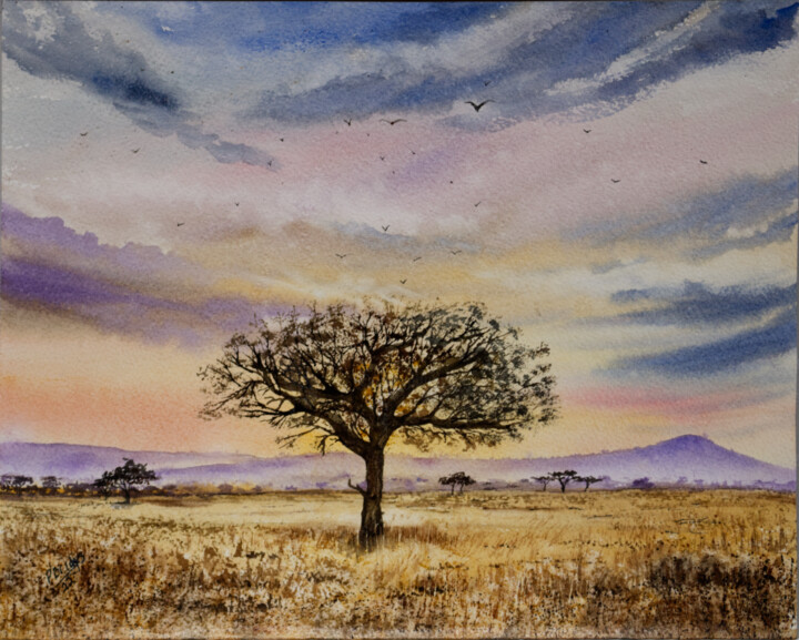 Painting titled "Acacia Tree in Gold…" by Paula Bridges, Original Artwork, Watercolor