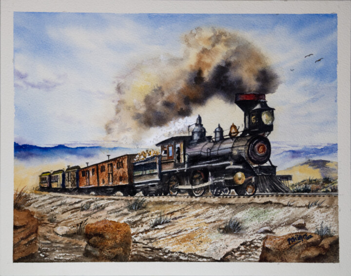 Ζωγραφική με τίτλο "Old Steam Engine Tr…" από Paula Bridges, Αυθεντικά έργα τέχνης, Ακουαρέλα Τοποθετήθηκε στο Άλλος άκαμπτο…