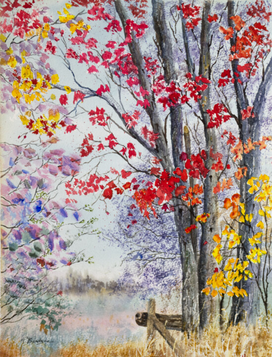 Painting titled "Red Autumn Tree in…" by Paula Bridges, Original Artwork, Watercolor Mounted on Other rigid panel
