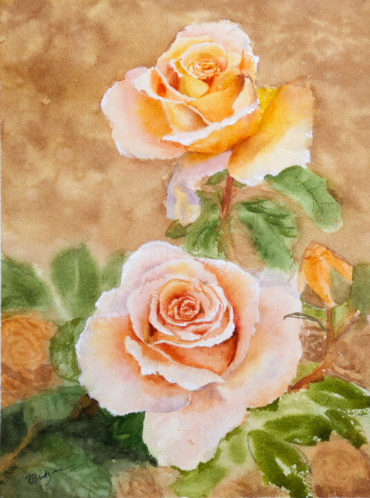 Painting titled "Salmon Roses in Wat…" by Paula Bridges, Original Artwork, Watercolor Mounted on Other rigid panel