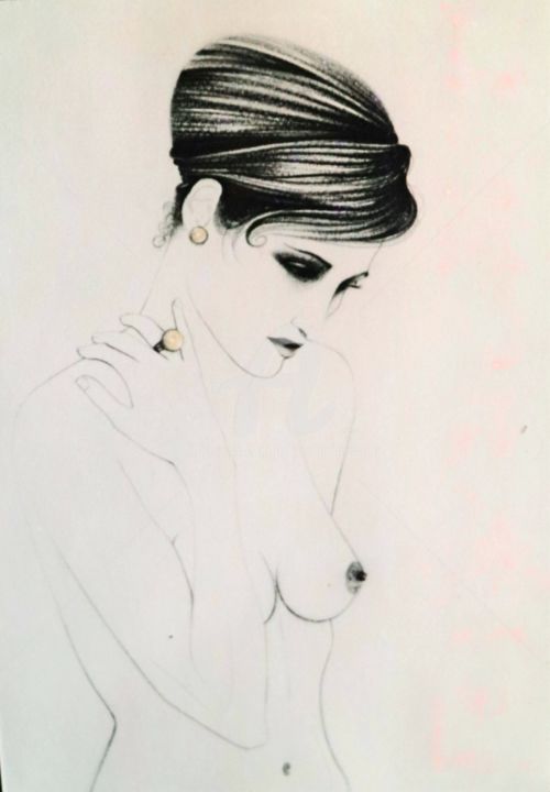 Drawing titled "FEMME AUX DEUX PERL…" by Paula Clemence, Original Artwork, Pencil
