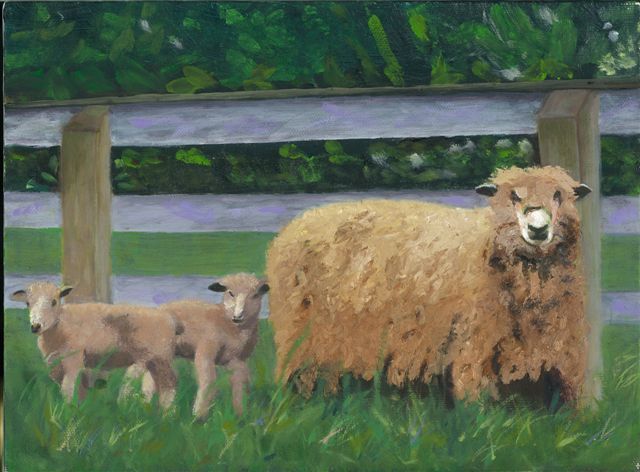 Painting titled "Spring Lambs" by Paula Emery, Original Artwork, Oil