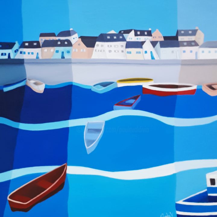 Painting titled "Barques" by Paula Valdivia, Original Artwork, Oil Mounted on Wood Stretcher frame