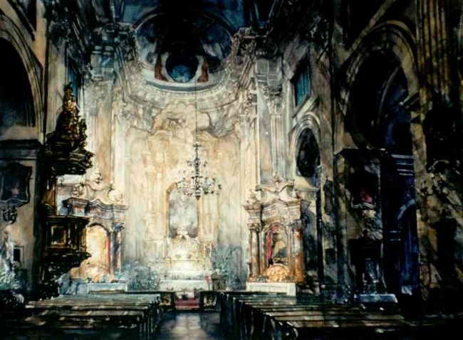 「Nef, Eglise des Pia…」というタイトルの絵画 Paul Dmochによって, オリジナルのアートワーク, 水彩画