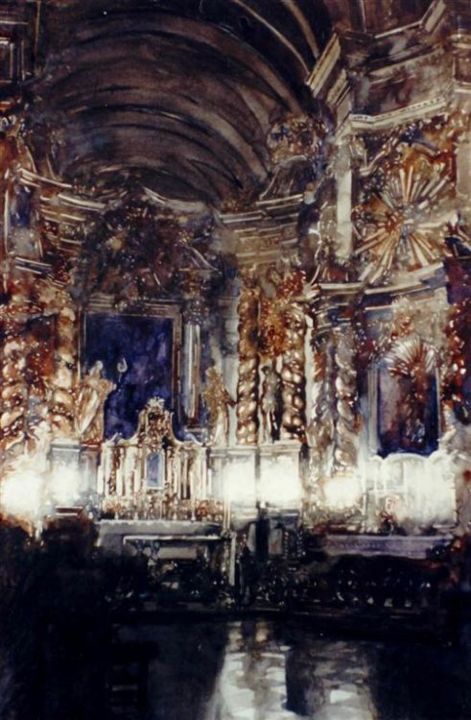Painting titled "Choeur, Eglise des…" by Paul Dmoch, Original Artwork, Watercolor