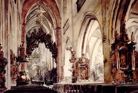 Peinture intitulée "Nef, Eglise de Sain…" par Paul Dmoch, Œuvre d'art originale, Aquarelle