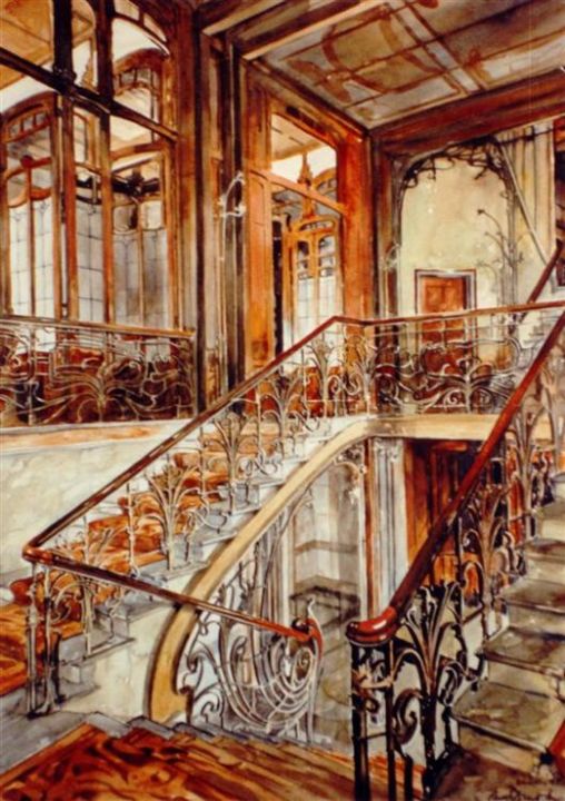 Peinture intitulée "Cage d'escalier, Hô…" par Paul Dmoch, Œuvre d'art originale, Aquarelle