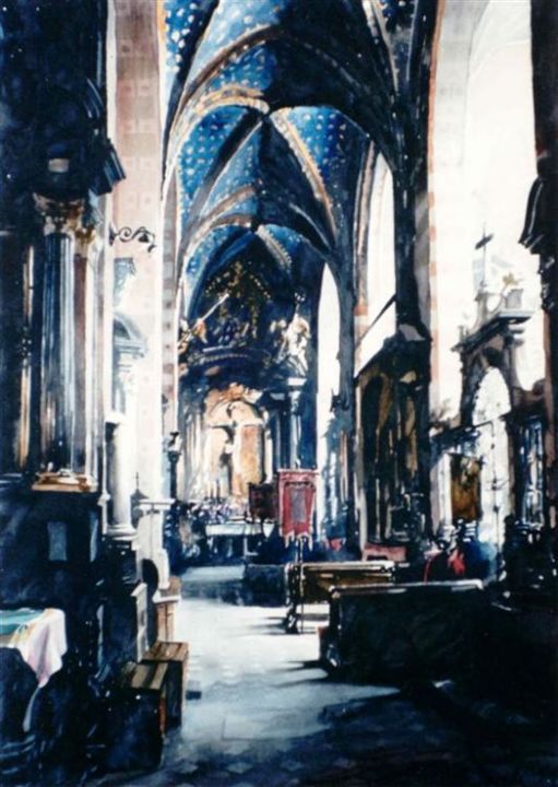 Painting titled "Collatéral, Eglise…" by Paul Dmoch, Original Artwork, Watercolor