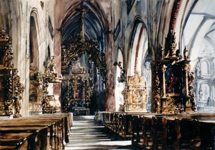 Ζωγραφική με τίτλο "Nef, Eglise de Sain…" από Paul Dmoch, Αυθεντικά έργα τέχνης, Ακουαρέλα