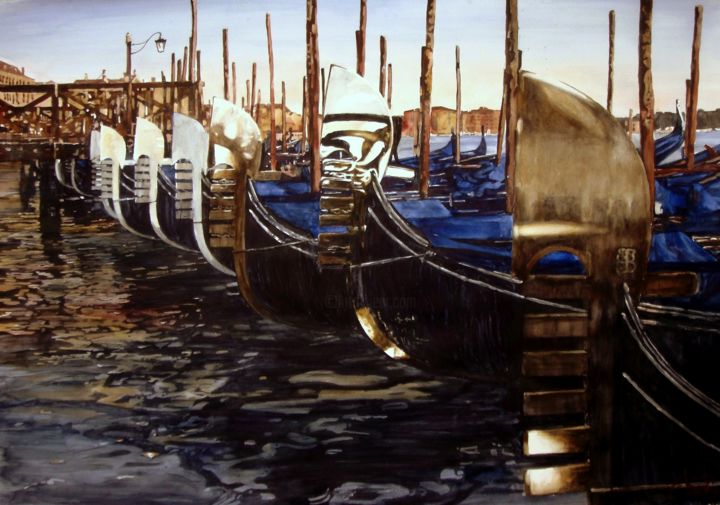 Peinture intitulée "Les gondoles attrap…" par Paul Dmoch, Œuvre d'art originale, Aquarelle