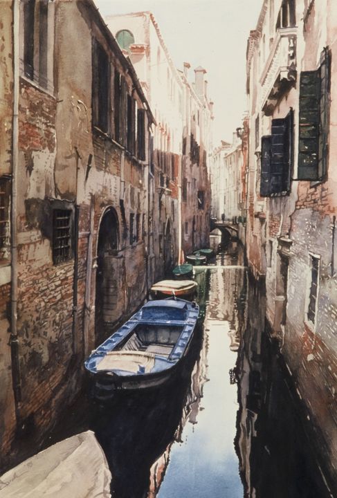 Pintura intitulada "Bateau bleu, Venise…" por Paul Dmoch, Obras de arte originais