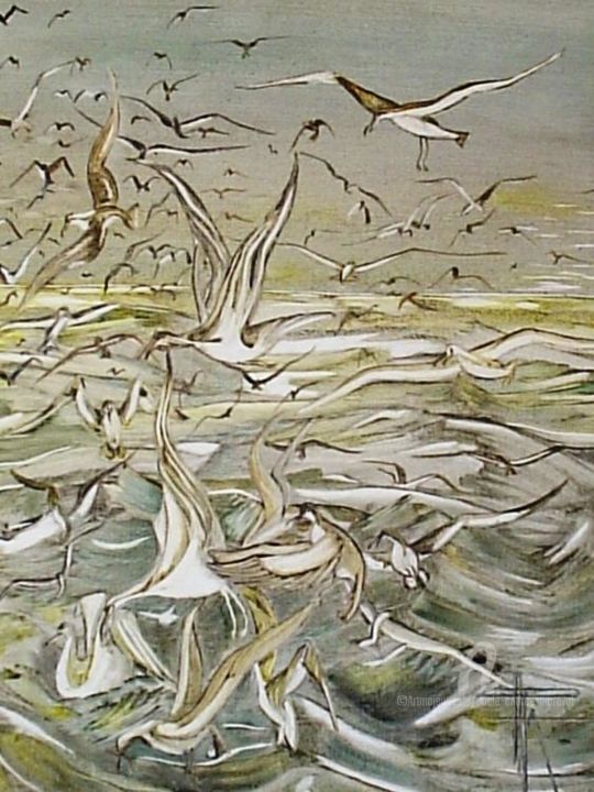 Peinture intitulée "vol de mouettes" par Paule-Andree Maraval, Œuvre d'art originale, Huile
