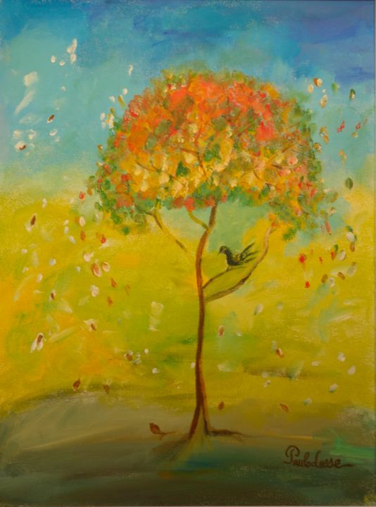 Pittura intitolato "Oiseau en automne" da Paulette Desse, Opera d'arte originale, Acrilico