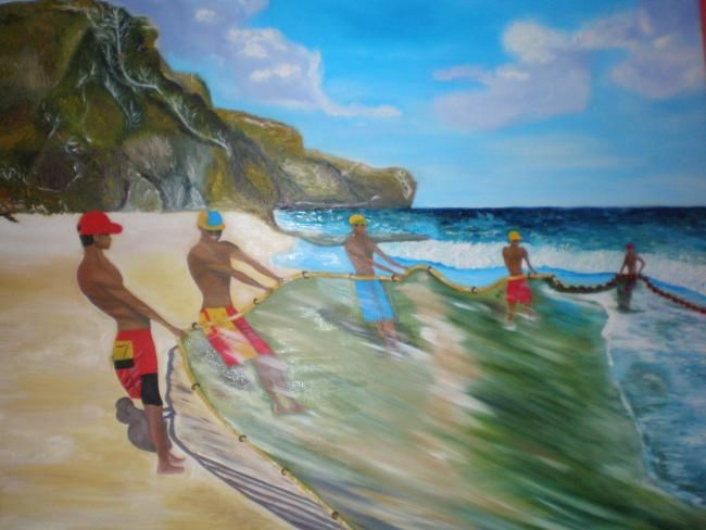 Painting titled "Faena de pescadores…" by Paulette, Original Artwork, Oil