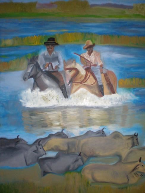 Painting titled "Llaneros arreando e…" by Paulette, Original Artwork, Oil