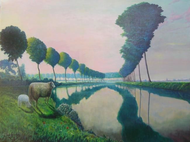 Schilderij getiteld "De Damse vaart" door Paul Gosselin, Origineel Kunstwerk, Olie