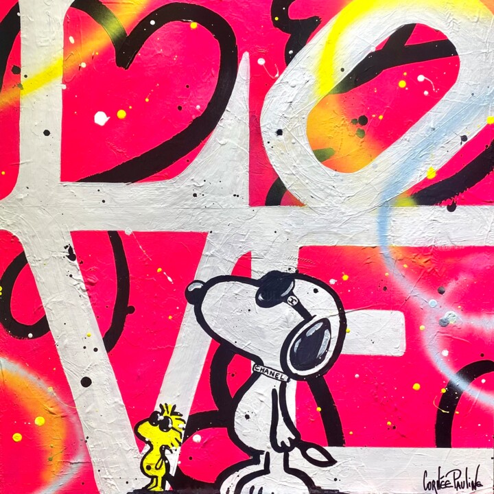 Ζωγραφική με τίτλο "I love you ! Snoopy" από Pauline Cornee, Αυθεντικά έργα τέχνης, Ακρυλικό Τοποθετήθηκε στο Ξύλινο φορείο…