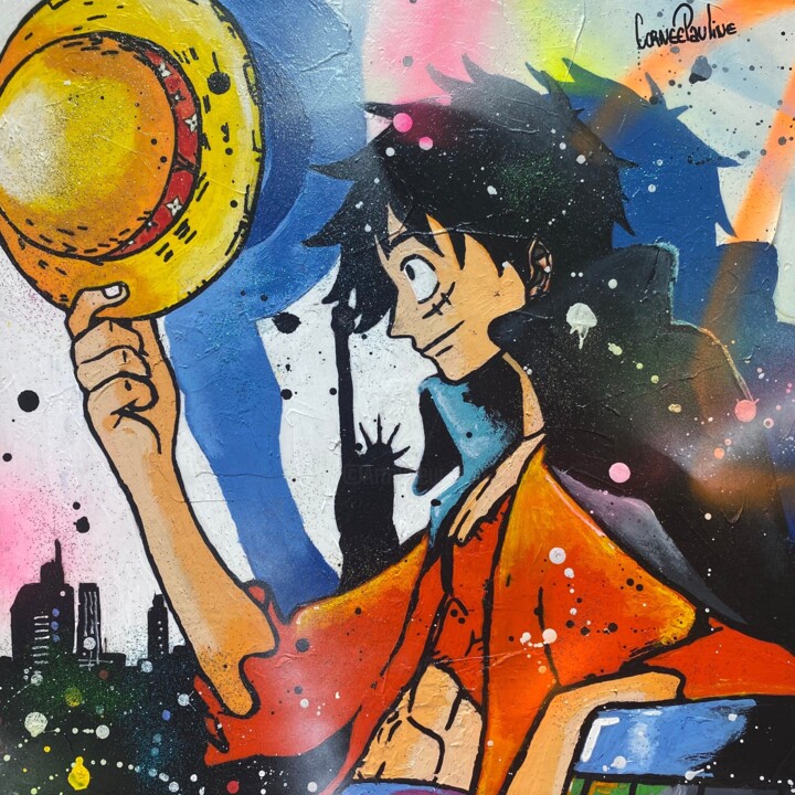 Painting titled "Luffy in New York" by Pauline Cornee, Original Artwork, Acrylic Mounted on Wood Stretcher frame