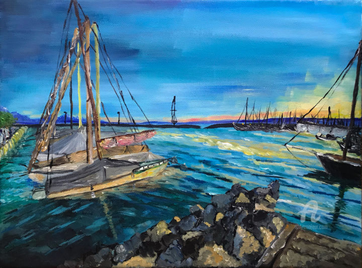Painting titled "Port d'Ouchy" by Paulinechp, Original Artwork, Acrylic