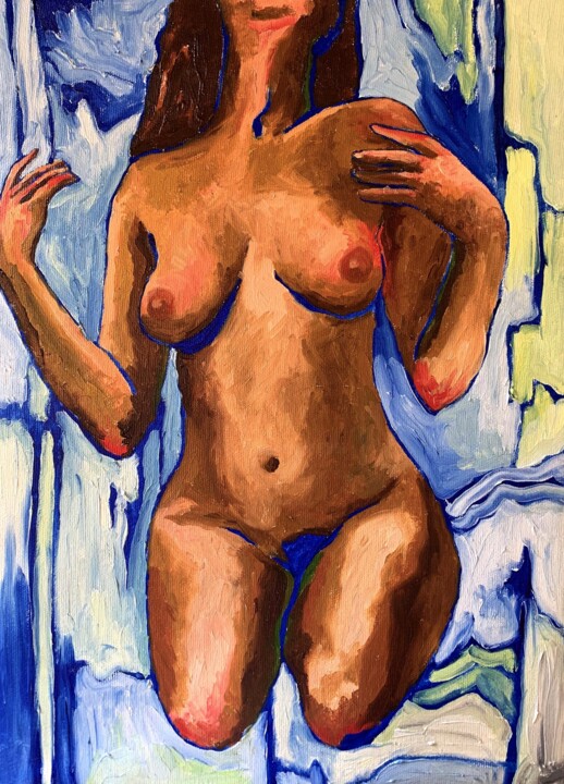 Peinture intitulée "Bleu saphir 2" par Pauline Naret, Œuvre d'art originale, Huile Monté sur Châssis en bois