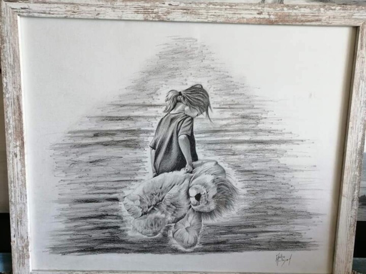 Drawing titled "Chagrin d'enfant" by Mathias Montayaud, Original Artwork, Pencil Mounted on Wood Panel