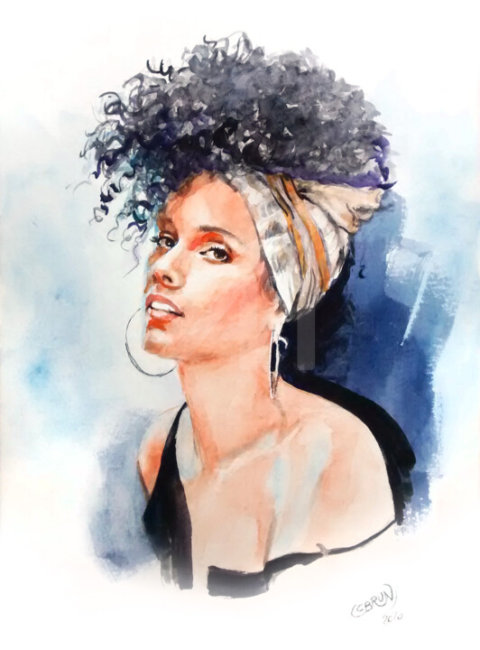 Peinture intitulée "Alicia Keys -Portra…" par Paul Lebrun, Œuvre d'art originale, Aquarelle