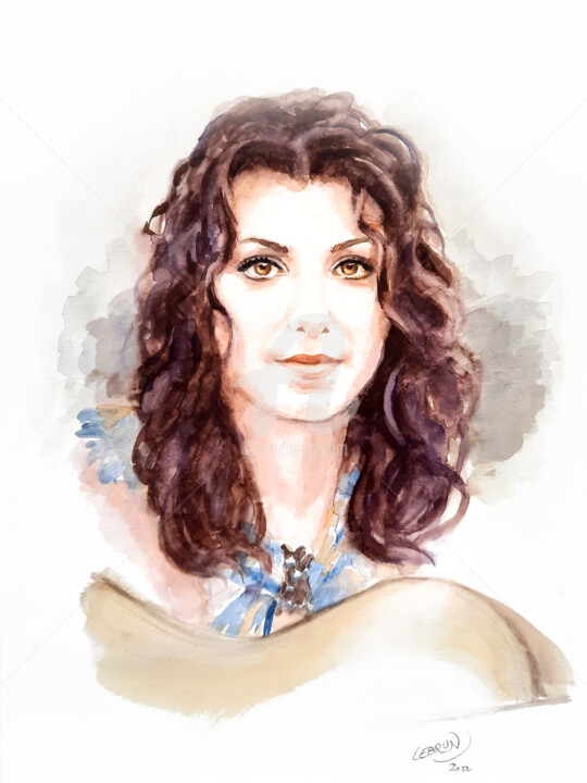 Painting titled "Portrait de Katie M…" by Paul Lebrun, Original Artwork, Watercolor Mounted on Cardboard
