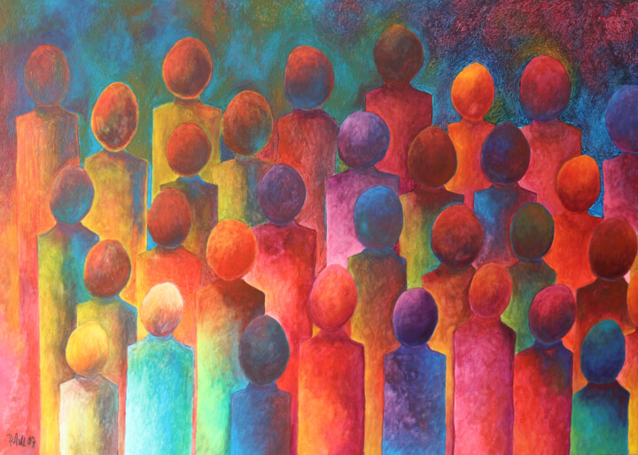 Painting titled "'a crowd' ( left )" by Paul Megens, Original Artwork, Acrylic Mounted on Wood Stretcher frame