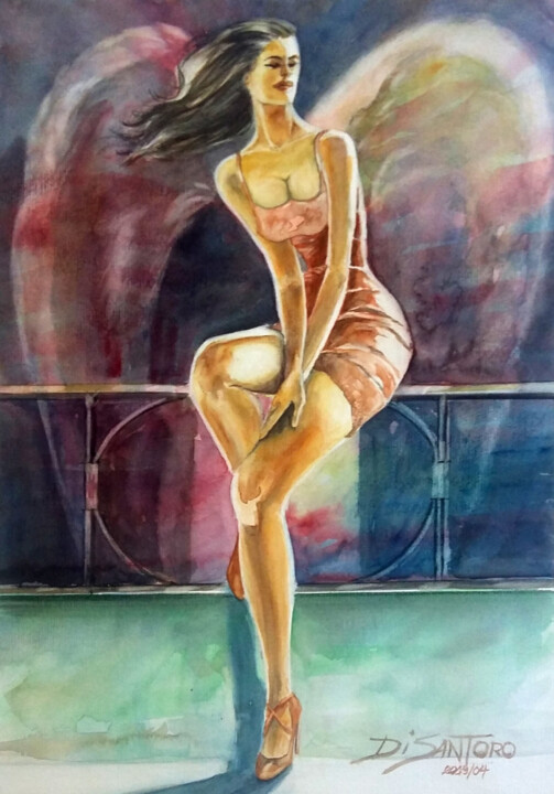 Painting titled "Mulher esperando" by Paulo Di Santoro, Original Artwork, Watercolor