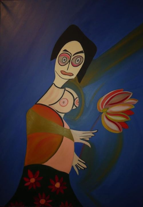 Painting titled "WOMAN WITH FLOWER I…" by Paulo Fontinha, Original Artwork
