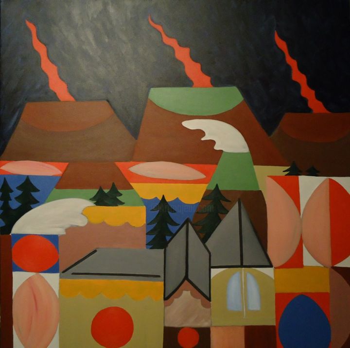 Peinture intitulée "FIRE IN THE VILLAGE" par Paulo Fontinha, Œuvre d'art originale