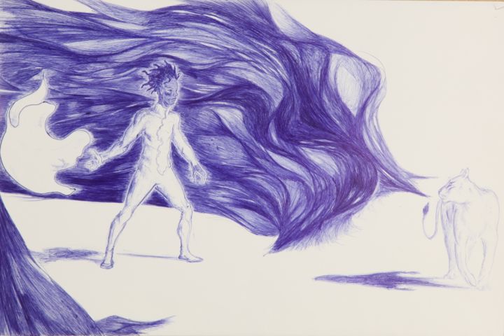 Drawing titled "Blue wave" by Paul O.W.O, Original Artwork, Ballpoint pen