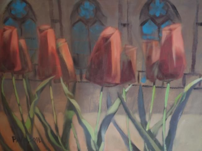 Картина под названием "8 tulips on a backg…" - Paulus Hoffman, Подлинное произведение искусства, Масло