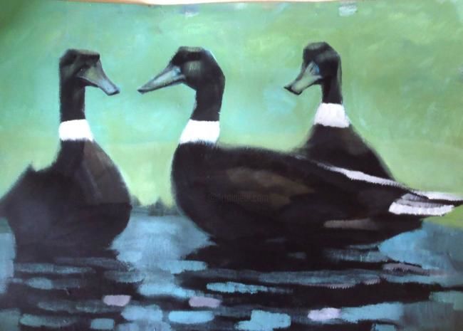 Painting titled "three ducks thinking" by Paulus Hoffman, Original Artwork, Oil