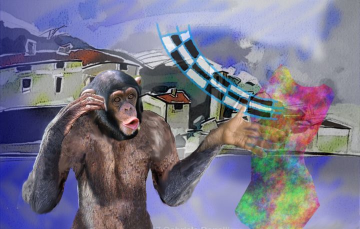 제목이 "le chimp et l'abstr…"인 디지털 아트 Paulyvalent (Paul Elie)로, 원작, 디지털 페인팅 나무 들것 프레임에 장착됨