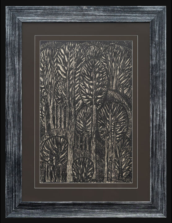 Prenten & gravures getiteld "Life of trees" door Pavel Bedzir, Origineel Kunstwerk, Ets Gemonteerd op Frame voor houten bran…