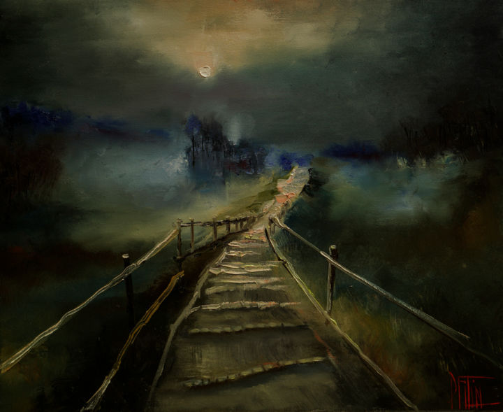 Painting titled "night, fog" by Pavel Filin, Original Artwork, Oil Mounted on Wood Stretcher frame