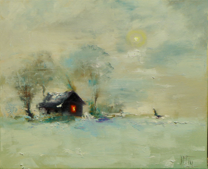 Painting titled "winter, hot tea" by Pavel Filin, Original Artwork, Oil Mounted on Wood Stretcher frame