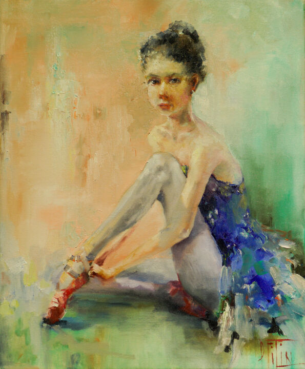 Painting titled "new pointe shoes" by Pavel Filin, Original Artwork, Oil Mounted on Wood Stretcher frame