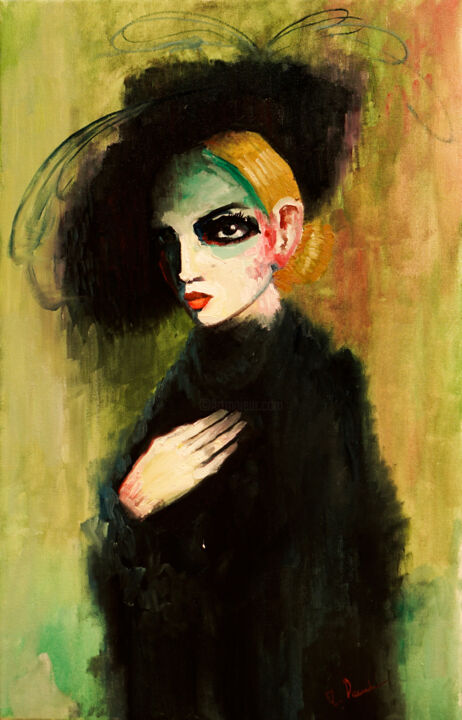 Картина под названием "woman in black hat" - Pavel Filin, Подлинное произведение искусства, Масло Установлен на Деревянная р…
