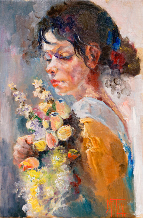 Painting titled "bouquet of roses" by Pavel Filin, Original Artwork, Oil Mounted on Wood Stretcher frame