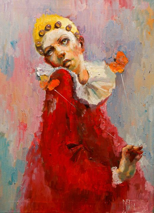 Painting titled "BOY WITH BUTTERFLY" by Pavel Filin, Original Artwork, Oil Mounted on Wood Stretcher frame
