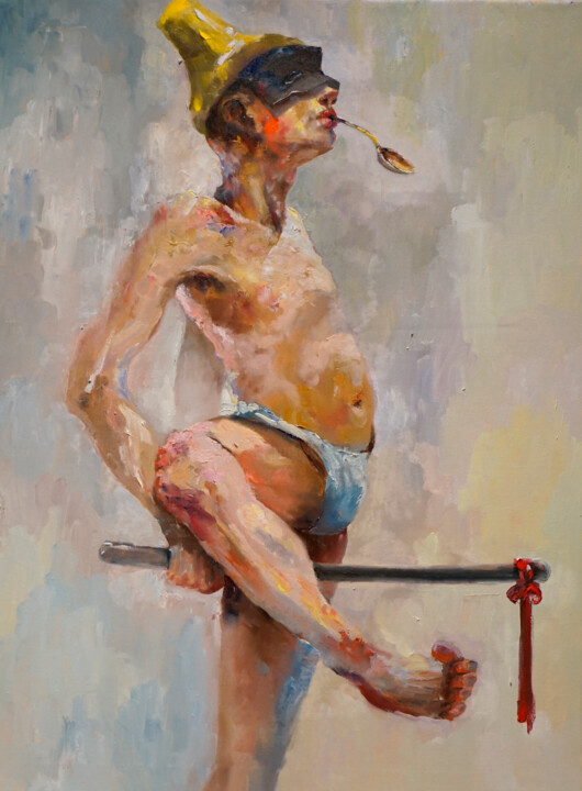 Painting titled "born with a golden…" by Pavel Filin, Original Artwork, Oil Mounted on Wood Stretcher frame