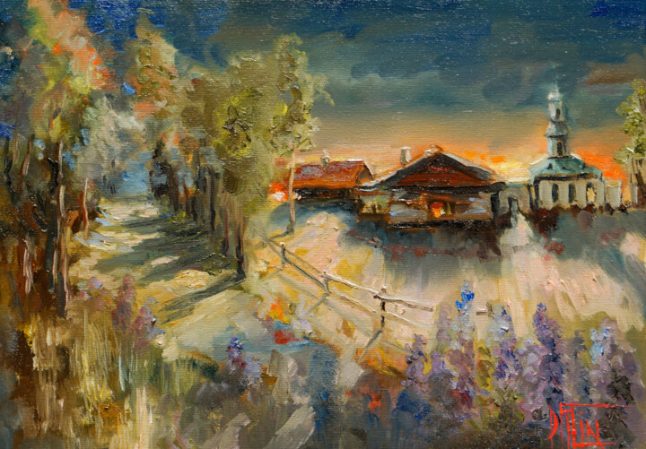 Painting titled "1 sunset" by Pavel Filin, Original Artwork, Oil Mounted on Wood Stretcher frame
