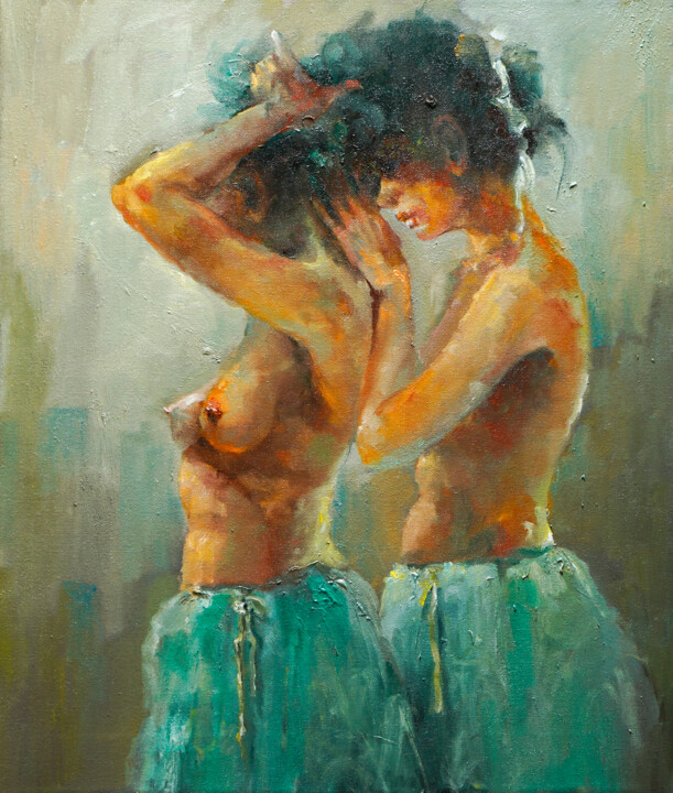 Painting titled "hairdo" by Pavel Filin, Original Artwork, Oil Mounted on Wood Stretcher frame