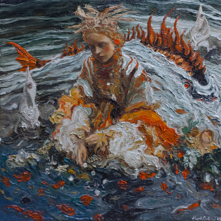 Pintura intitulada "Red fish" por Pavel Guliaev, Obras de arte originais, Óleo Montado em Armação em madeira